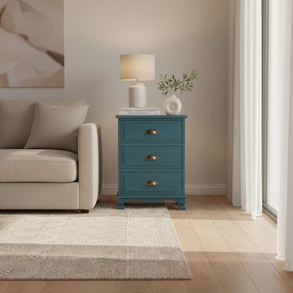 3 Drawers Bedside Table Vintage -  Blue