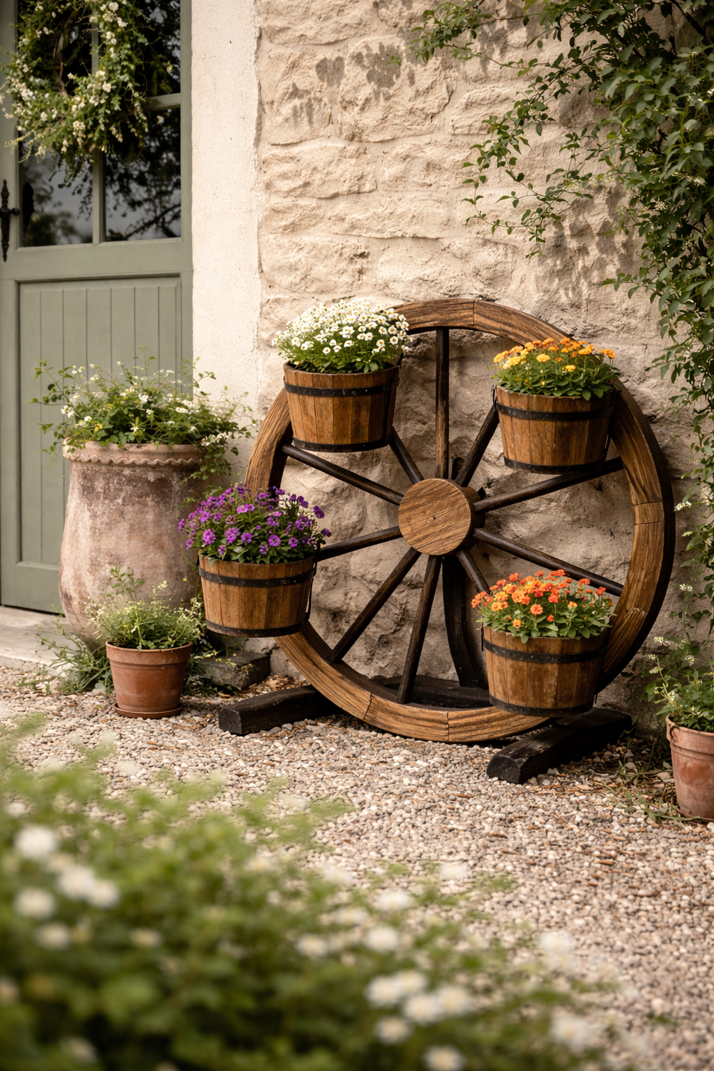 Wooden Wagon Wheel - Garden Decor Plant Stand