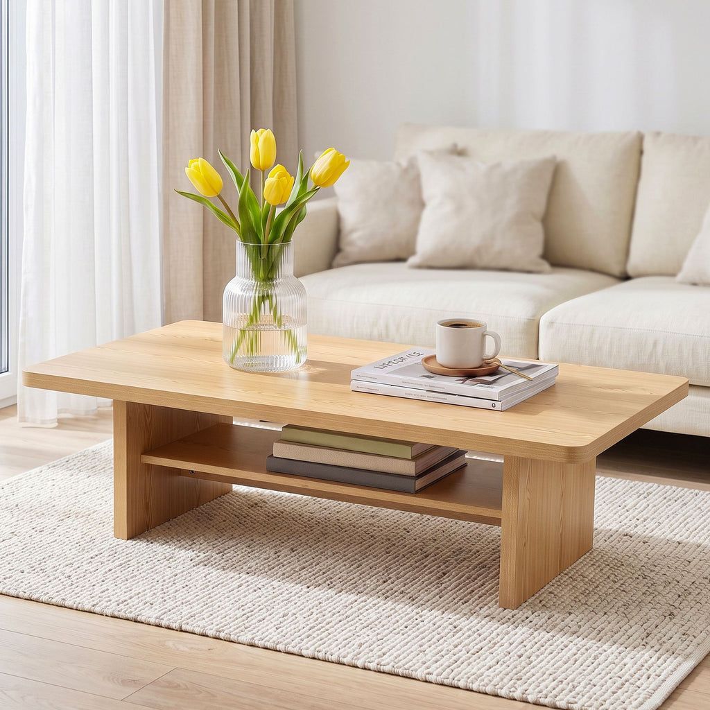 Artiss Coffee Table 110cm Center Table with 2-Tier Open Storage Shelf Wood