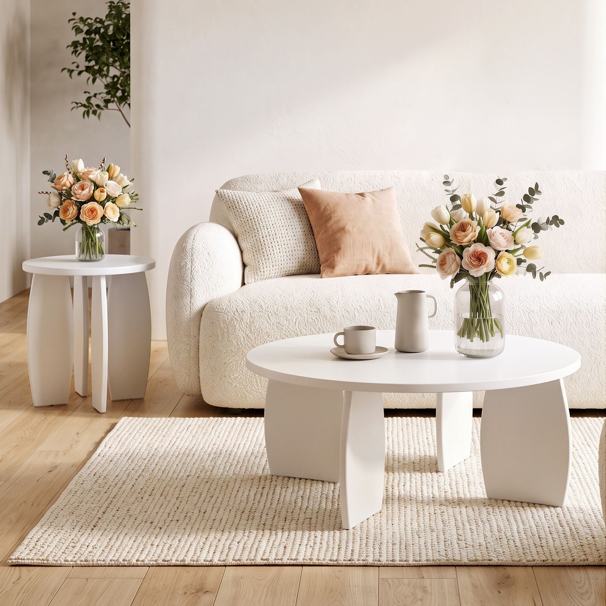 Artiss Round End Table High-Gloss Small Coffee Table Side Bedside Nightstand 40x45cm Cream white