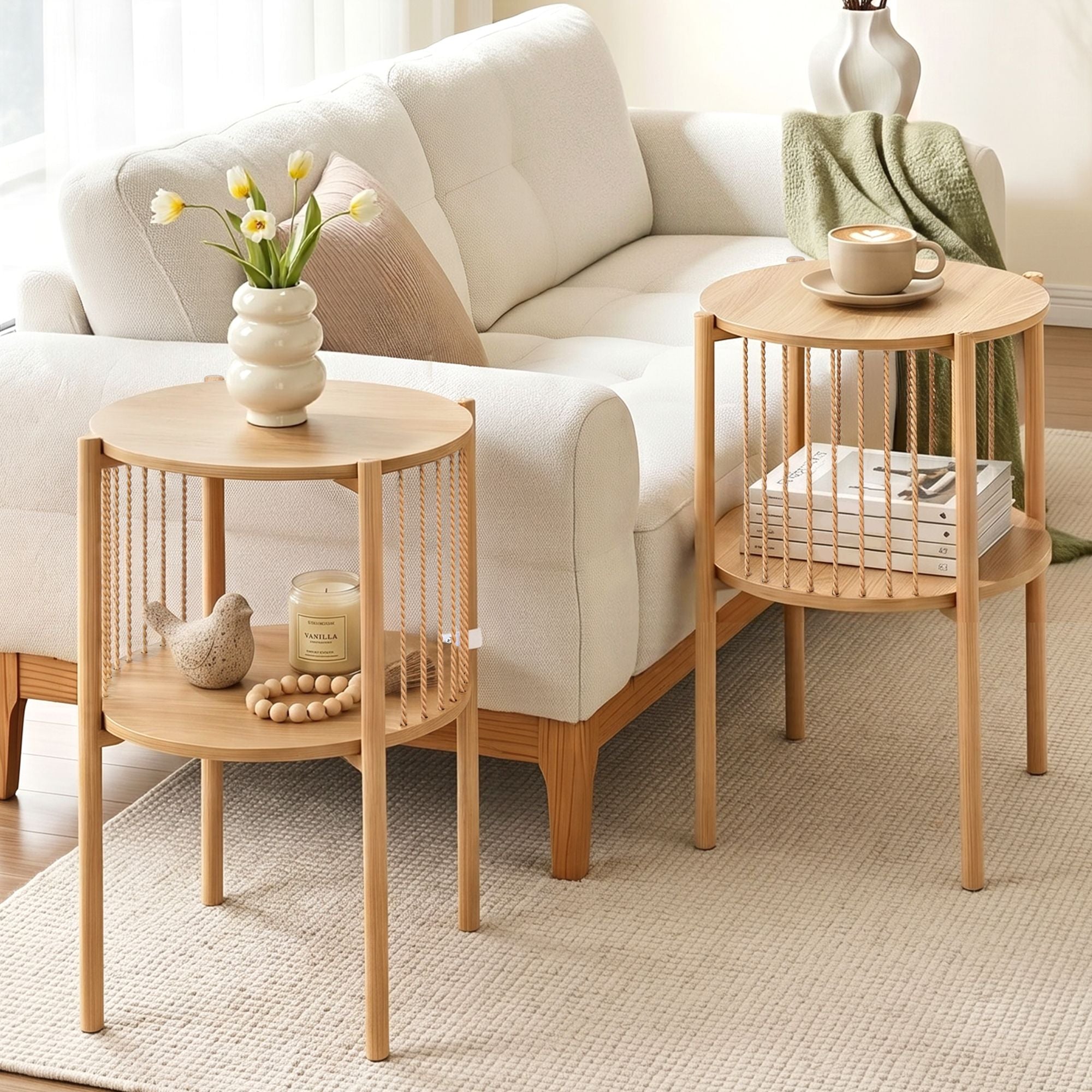 Set of 2 Side Tables - Round Wood