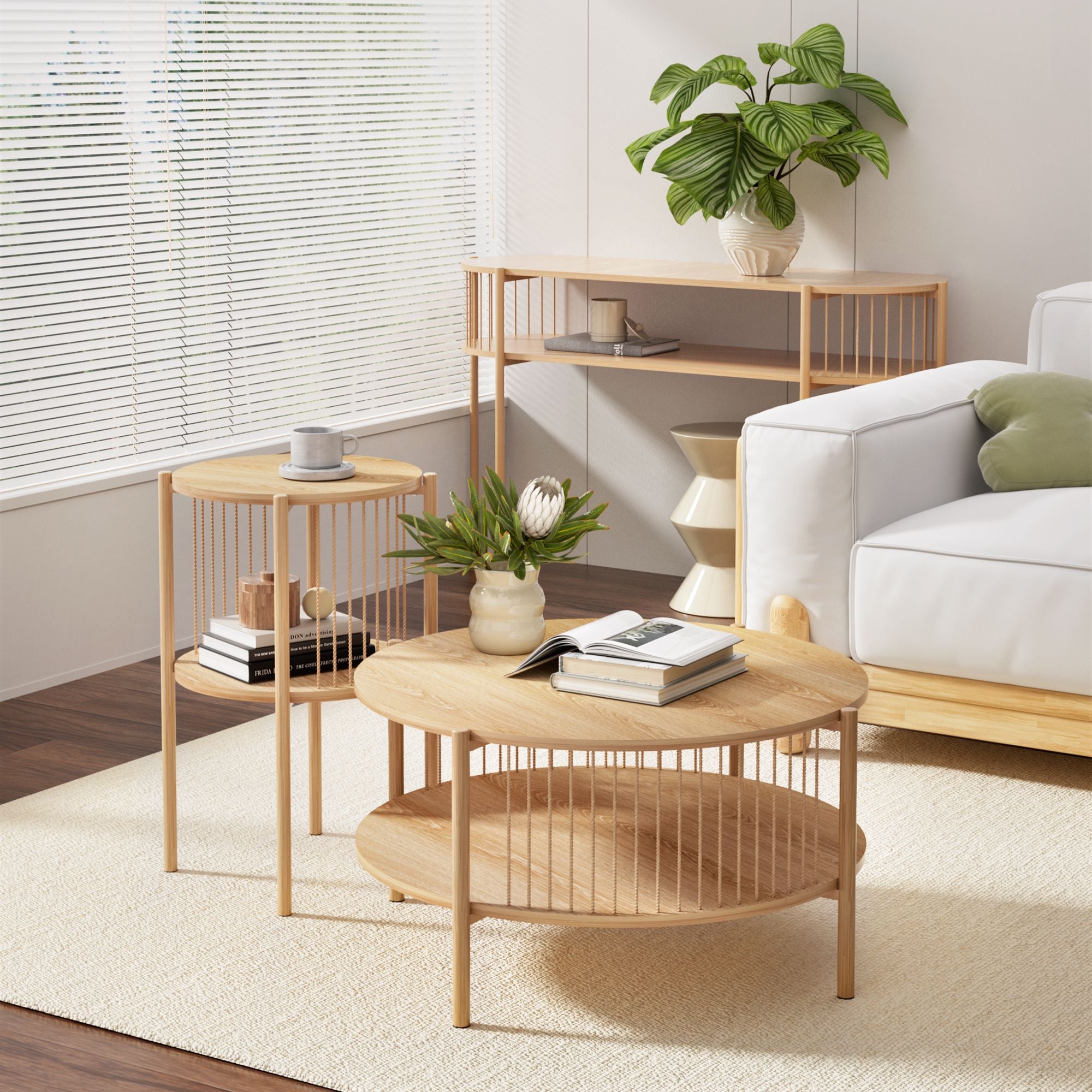 Set of 2 Side Tables - Round Wood