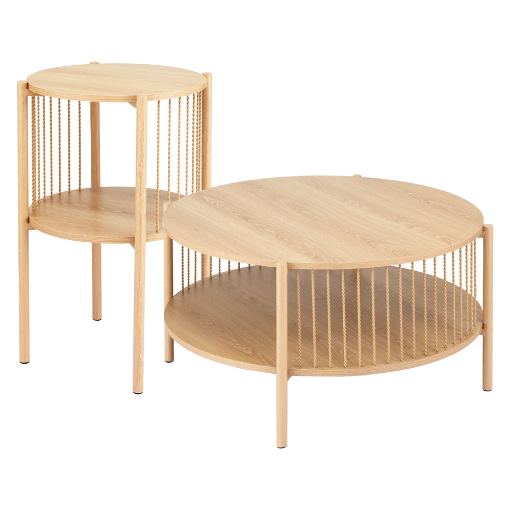 Set of 2 Side Tables & Coffee Table - Round Wood