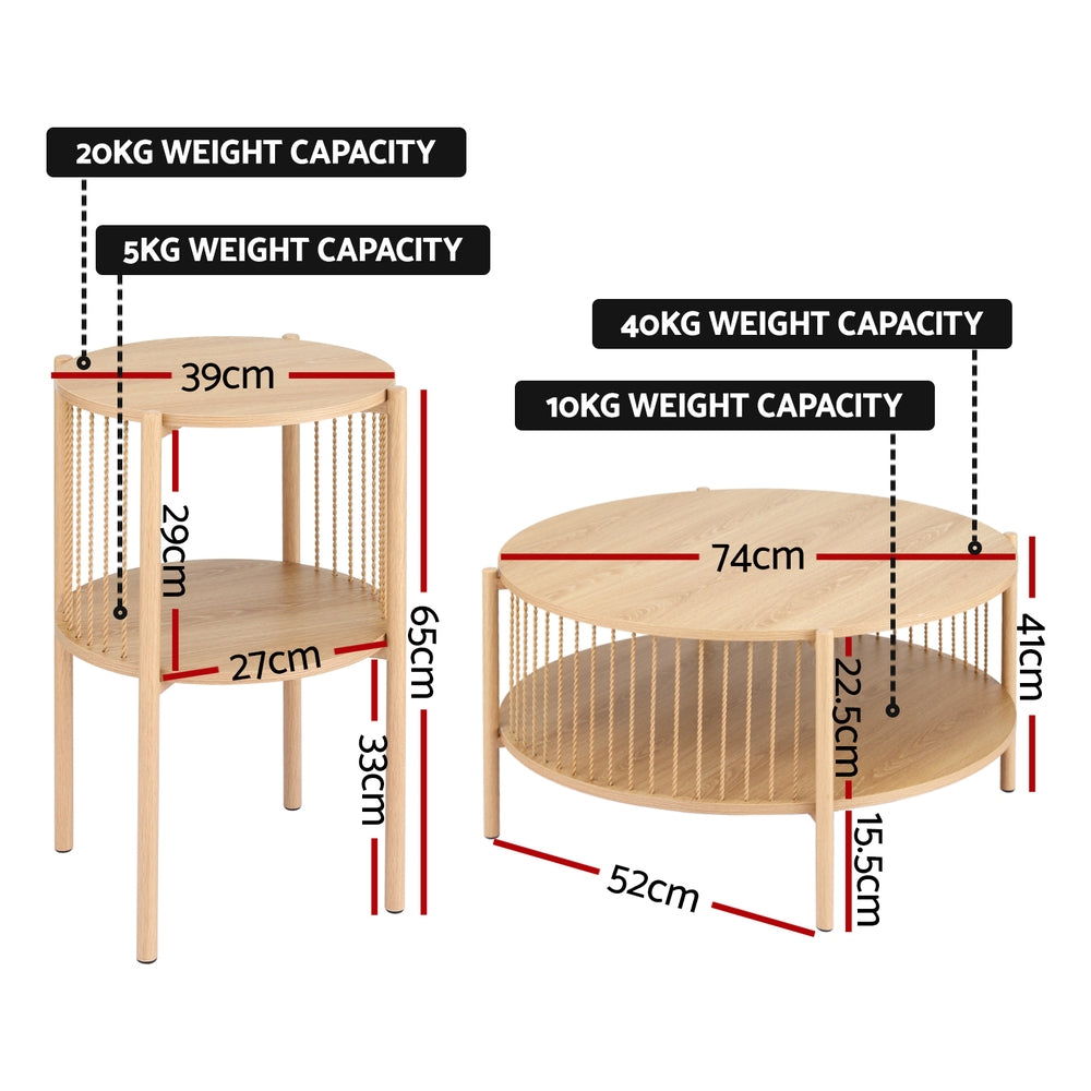 Set of 2 Side Tables & Coffee Table - Round Wood