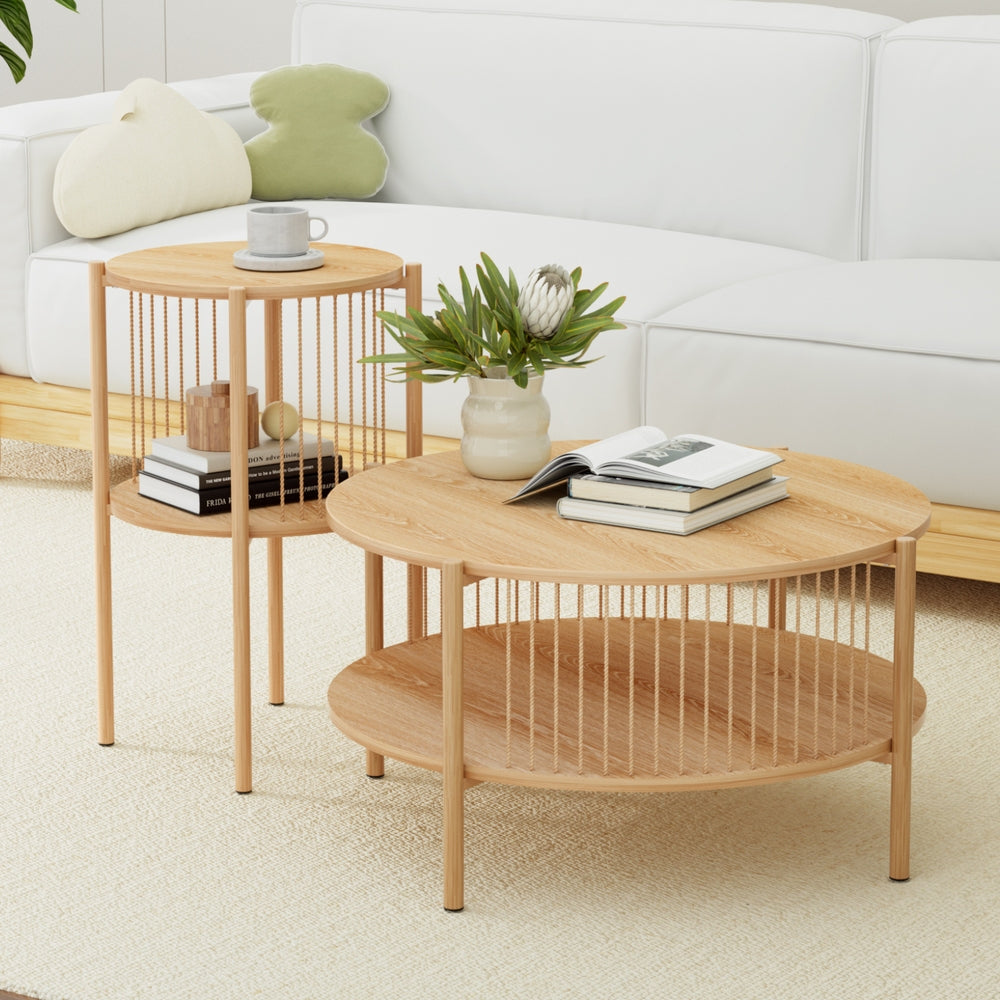Set of 2 Side Tables & Coffee Table - Round Wood