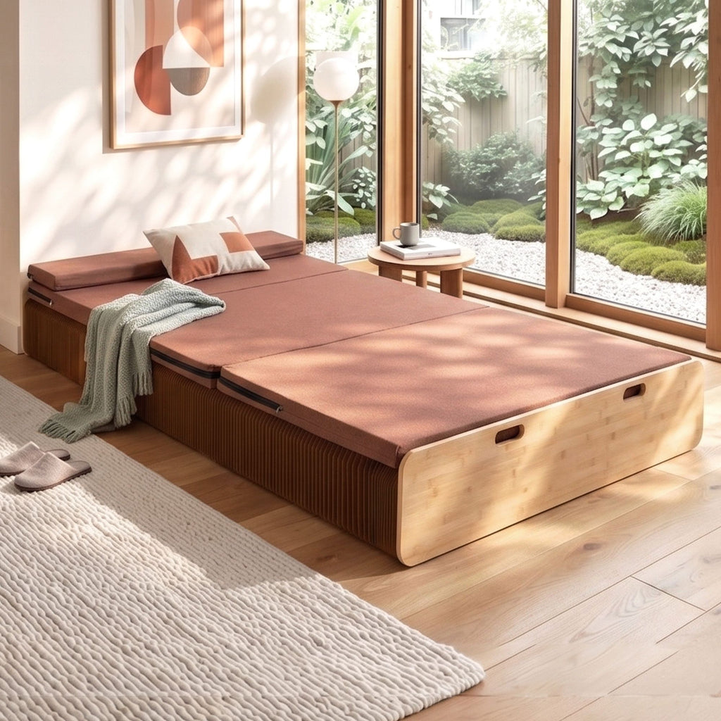 Folding Kraft Paper Double Bed Frame with Mattress and Pillow
