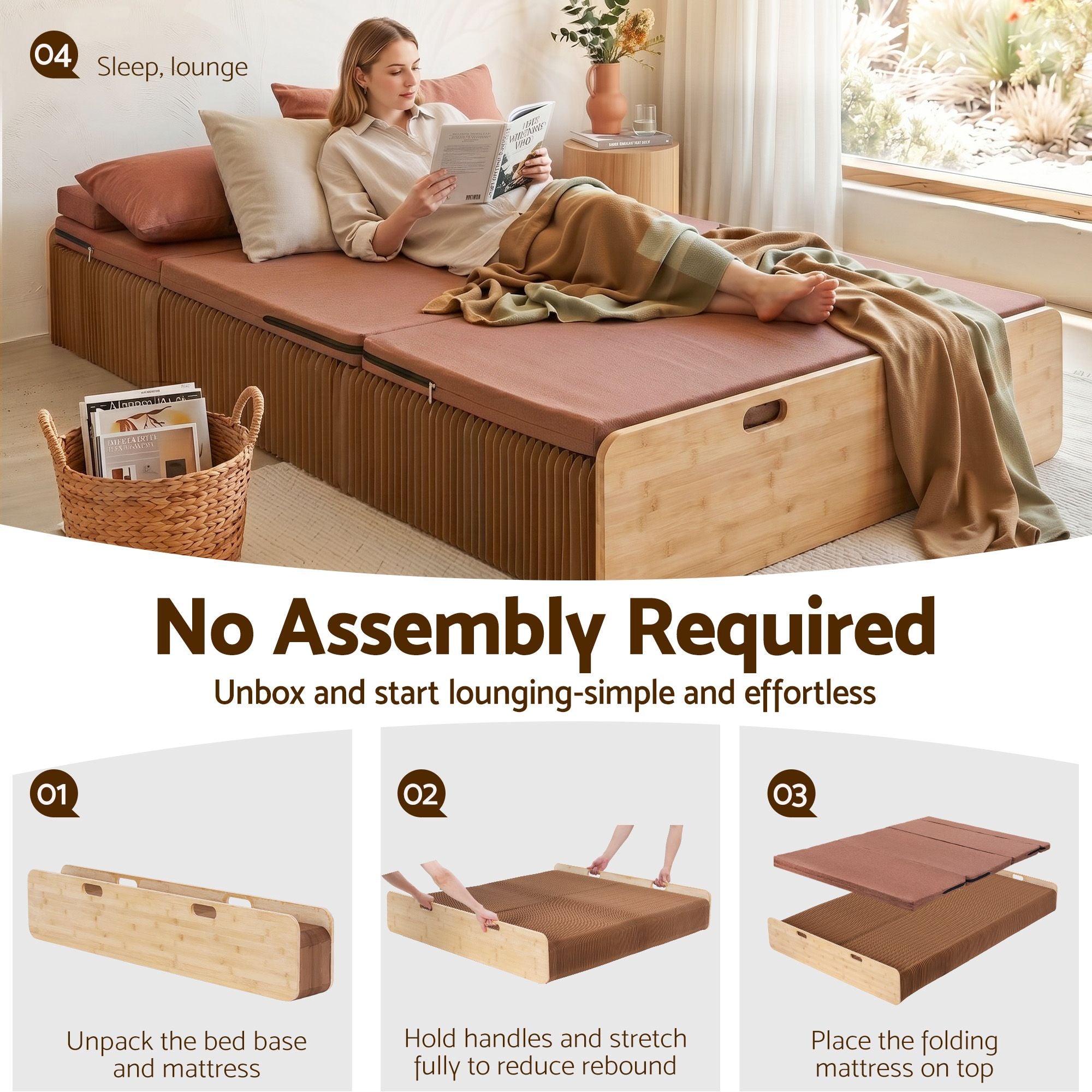 Folding Kraft Paper Double Bed Frame with Mattress and Pillow