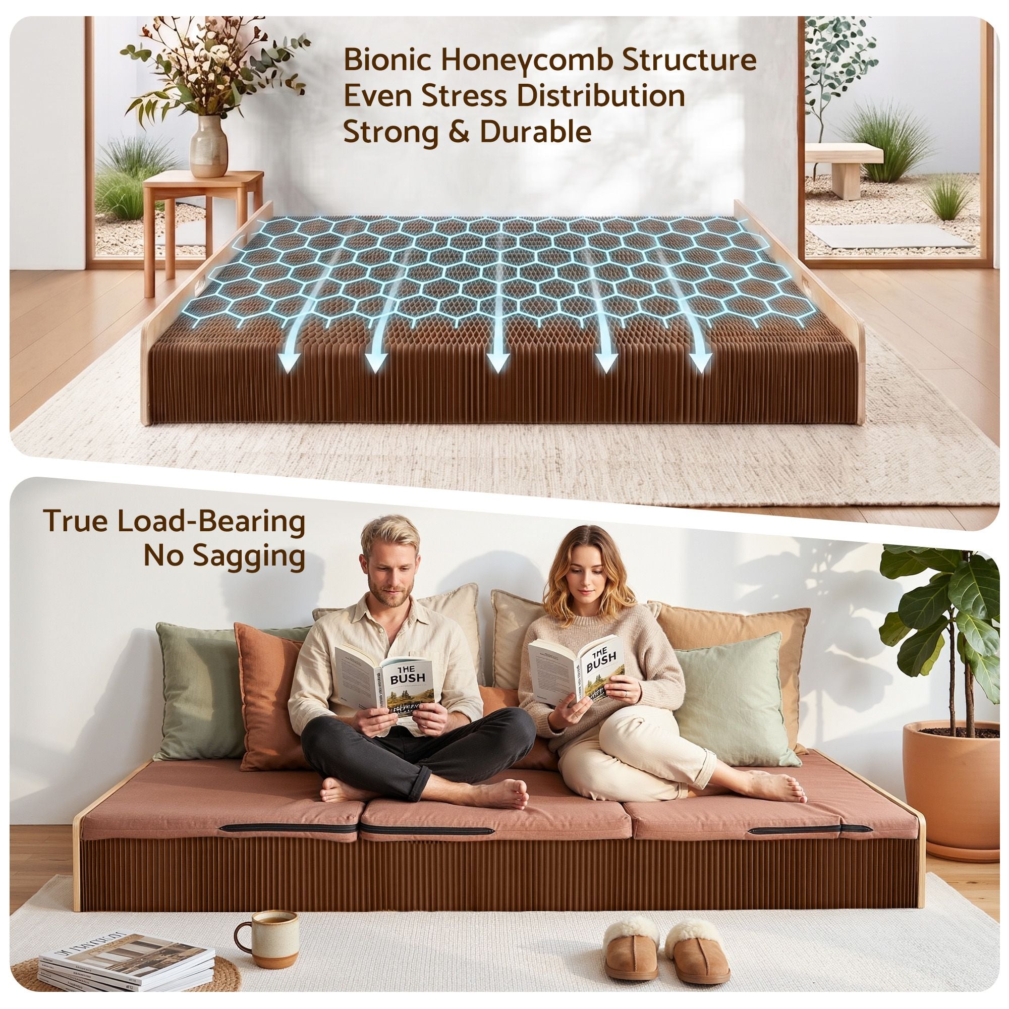 Folding Kraft Paper Double Bed Frame with Mattress and Pillow