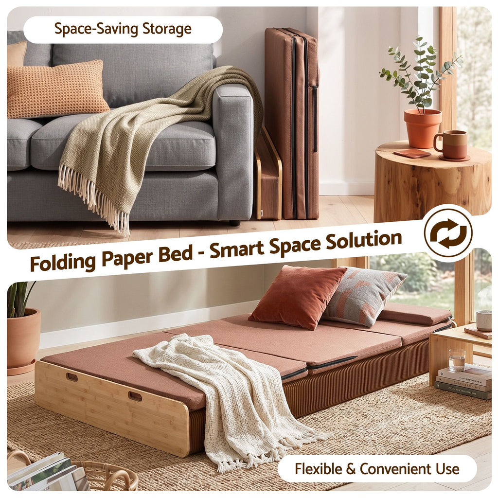 Folding Kraft Paper Double Bed Frame with Mattress and Pillow