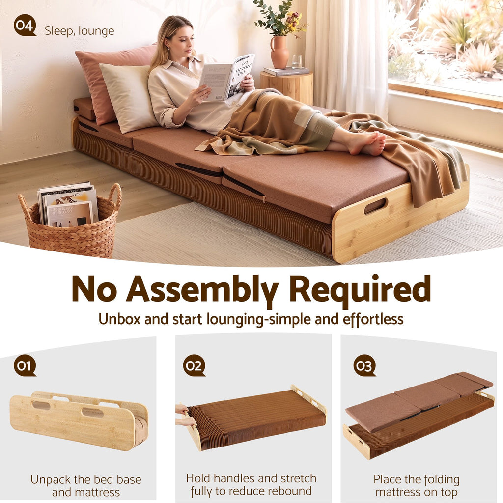 Folding Kraft Paper Single Bed Frame with Mattress and Pillow
