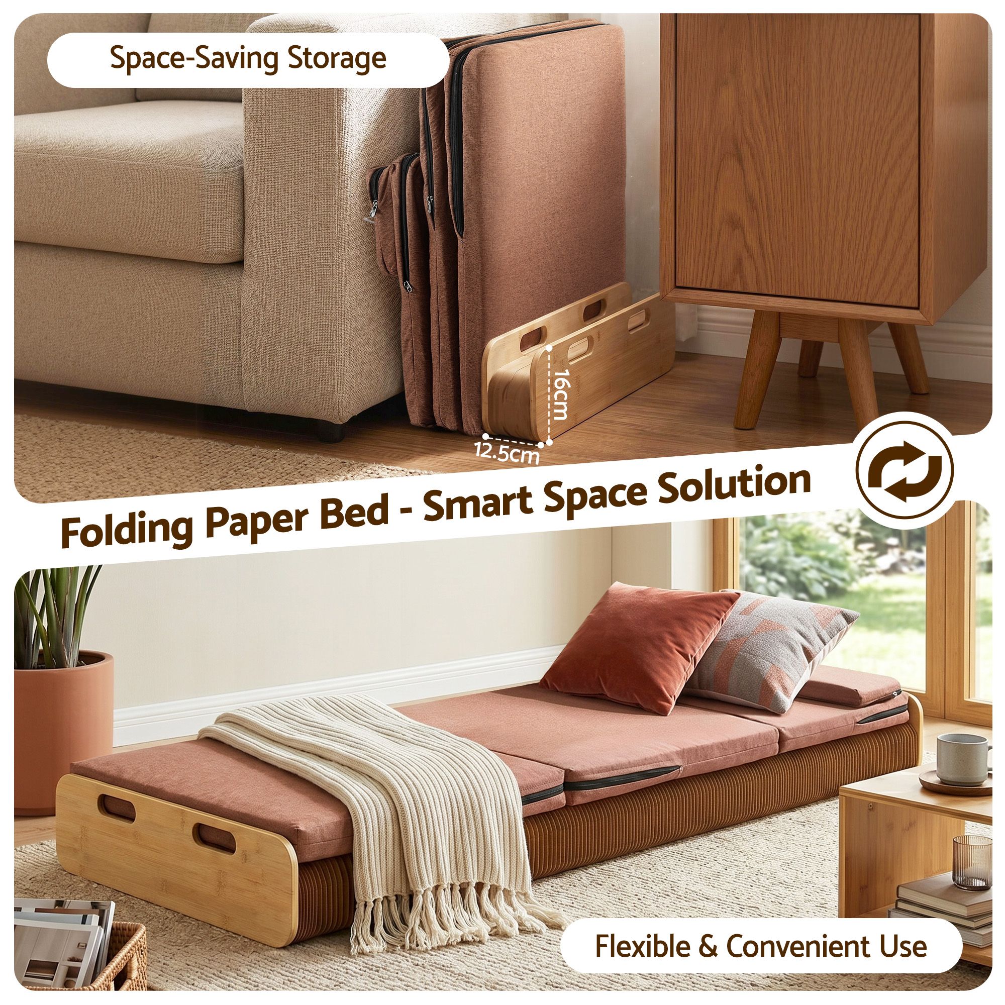 Folding Kraft Paper Single Bed Frame with Mattress and Pillow