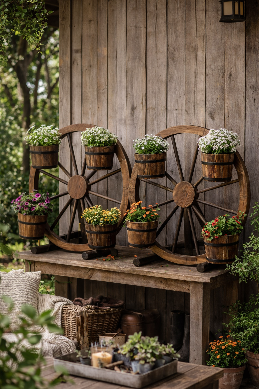 Wooden Wagon Wheel - Garden Decor Plant Stand