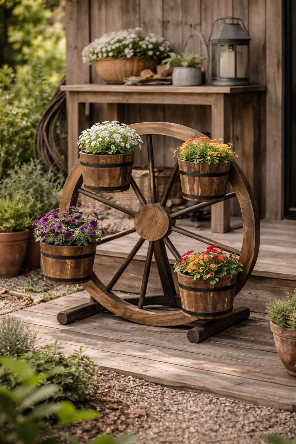 Wooden Wagon Wheel - Garden Decor Plant Stand