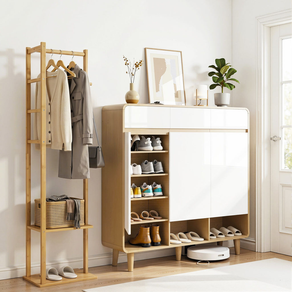 Shoe Rack Cabinet & Bamboo Clothes Rack Set - White Pine