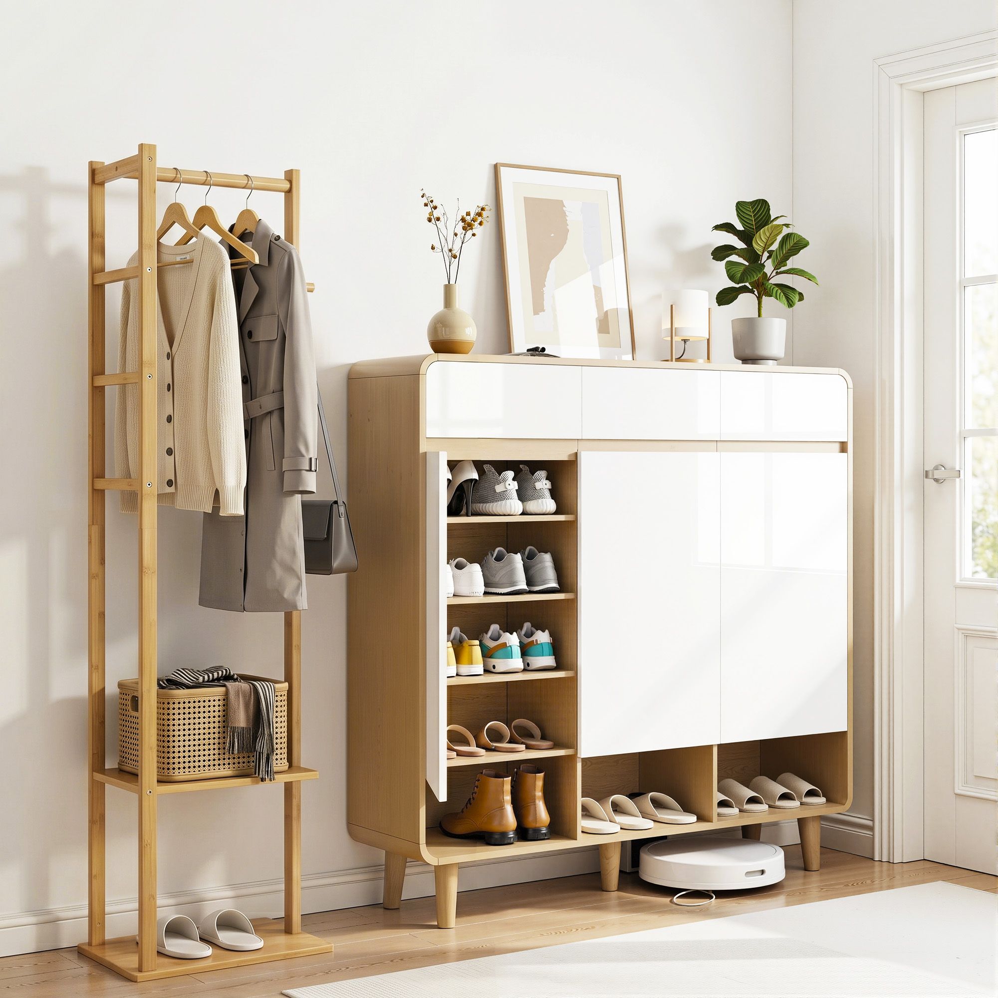 Shoe Rack Cabinet & Bamboo Clothes Rack Set - White Pine