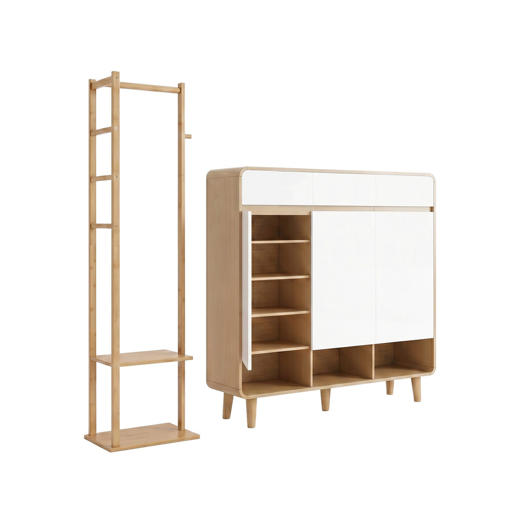 Shoe Rack Cabinet & Bamboo Clothes Rack Set - White Pine