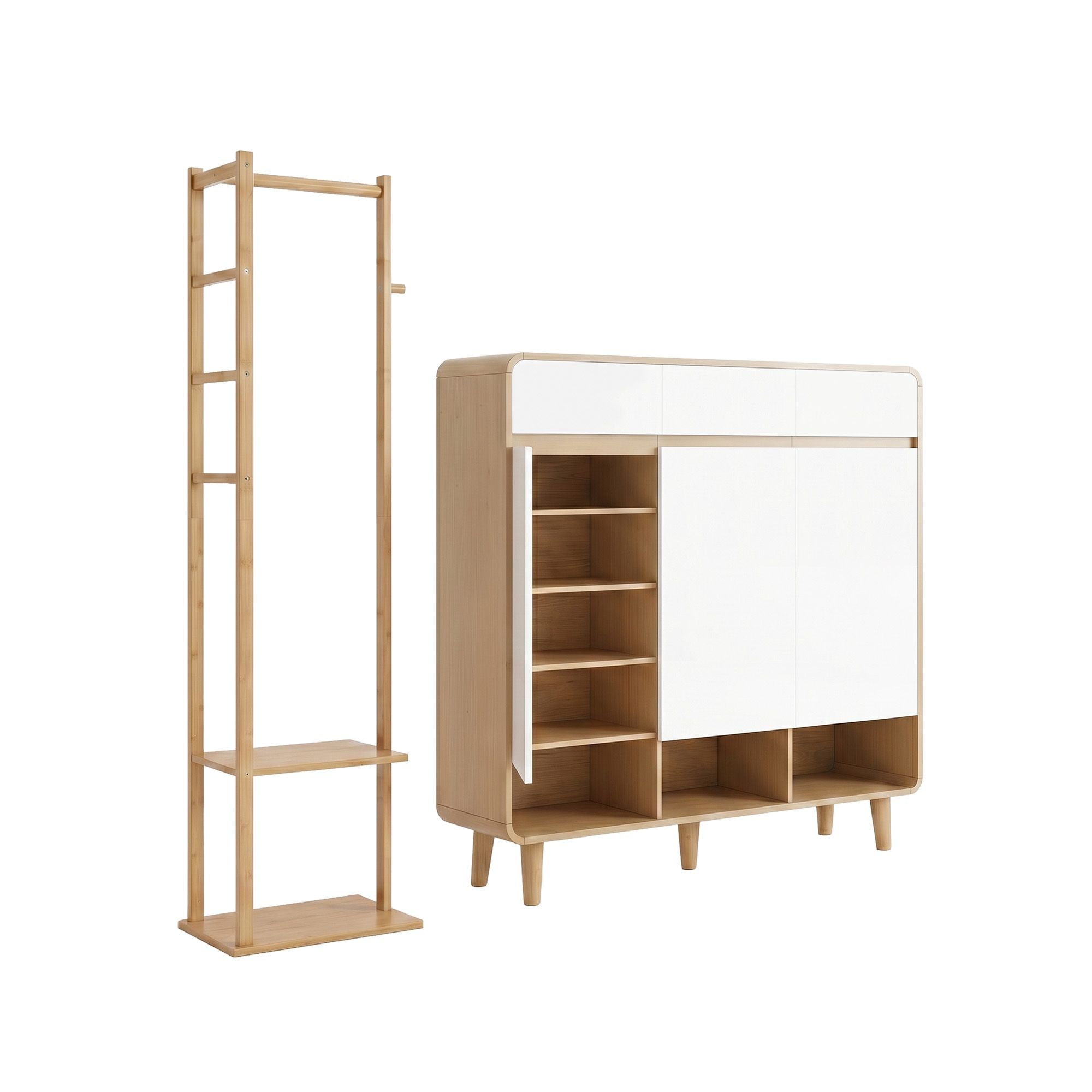 Shoe Rack Cabinet & Bamboo Clothes Rack Set - White Pine