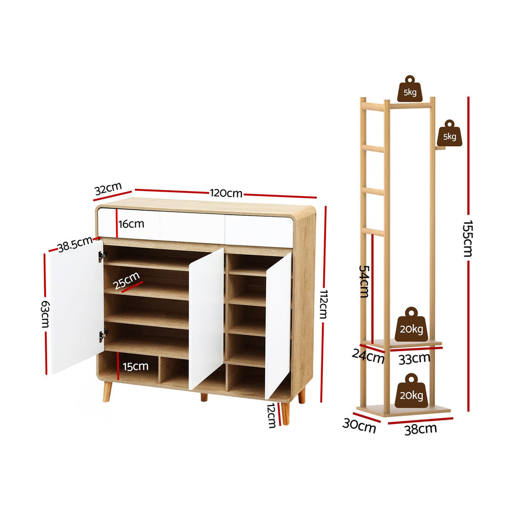 Shoe Rack Cabinet & Bamboo Clothes Rack Set - White Pine