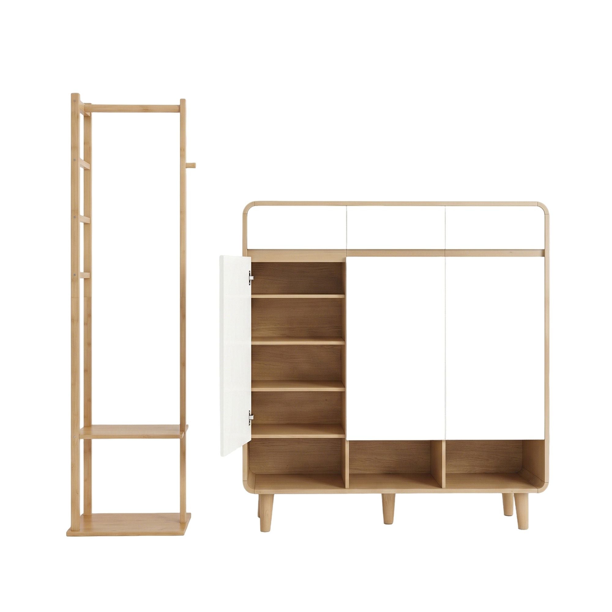 Shoe Rack Cabinet & Bamboo Clothes Rack Set - White Pine