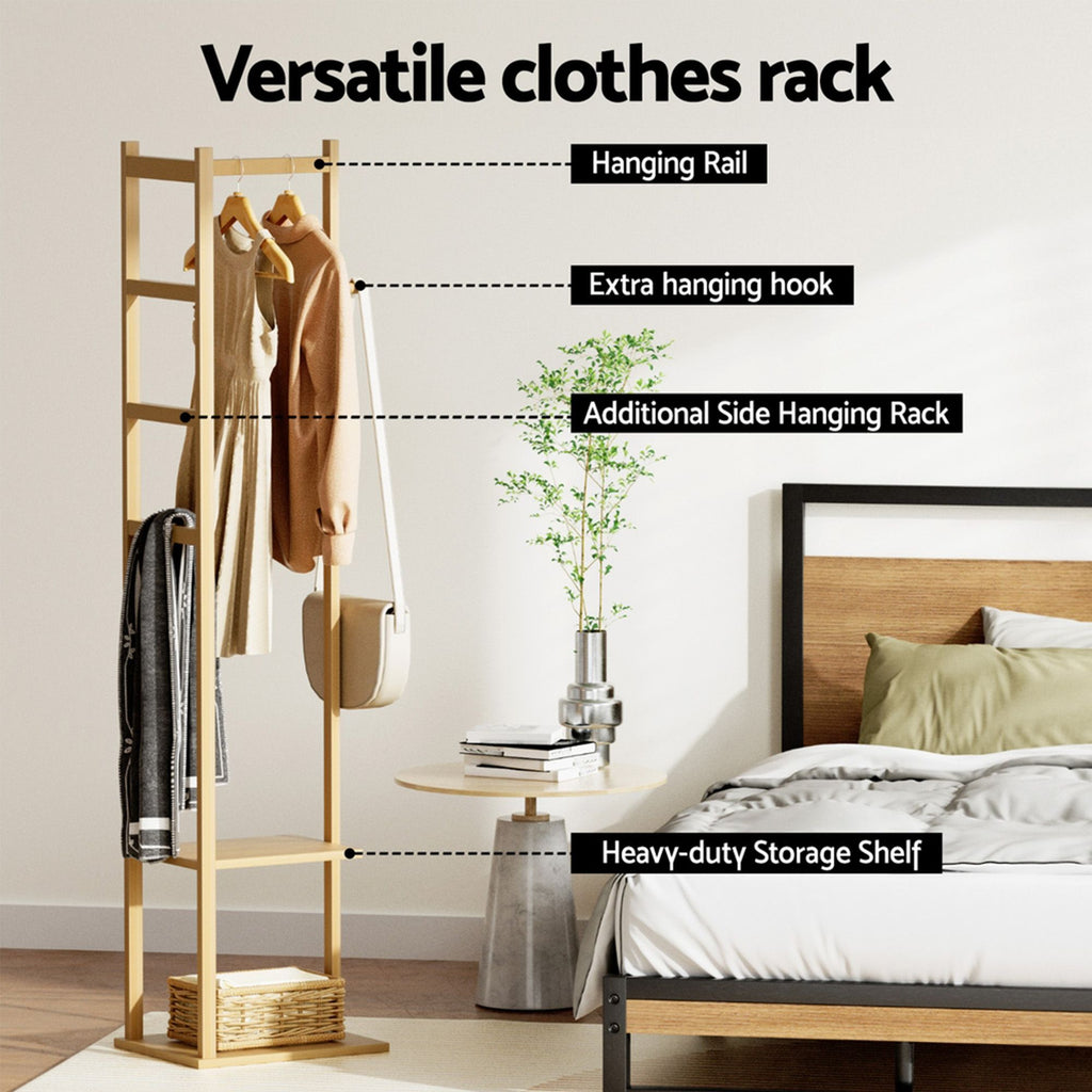 Shoe Rack Cabinet & Bamboo Clothes Rack Set - White Pine