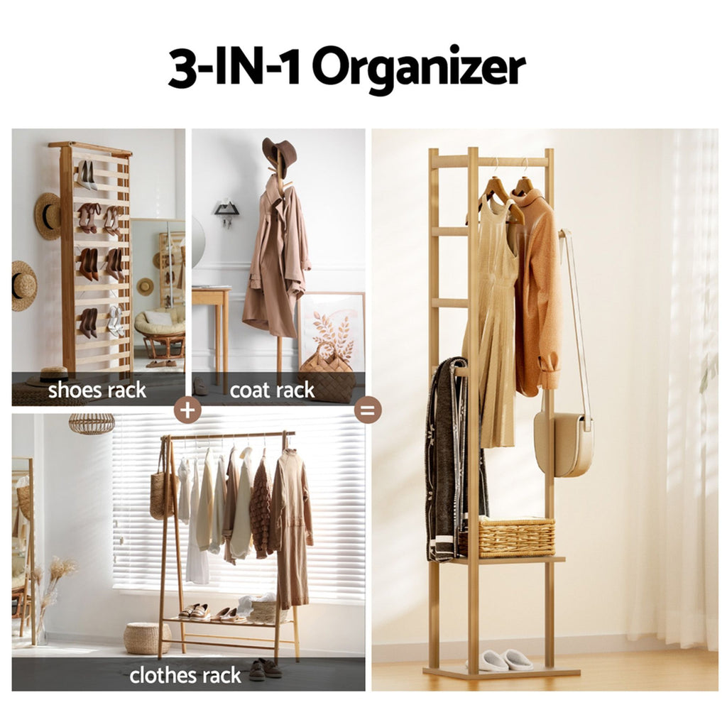 Shoe Rack Cabinet & Bamboo Clothes Rack Set - White Pine