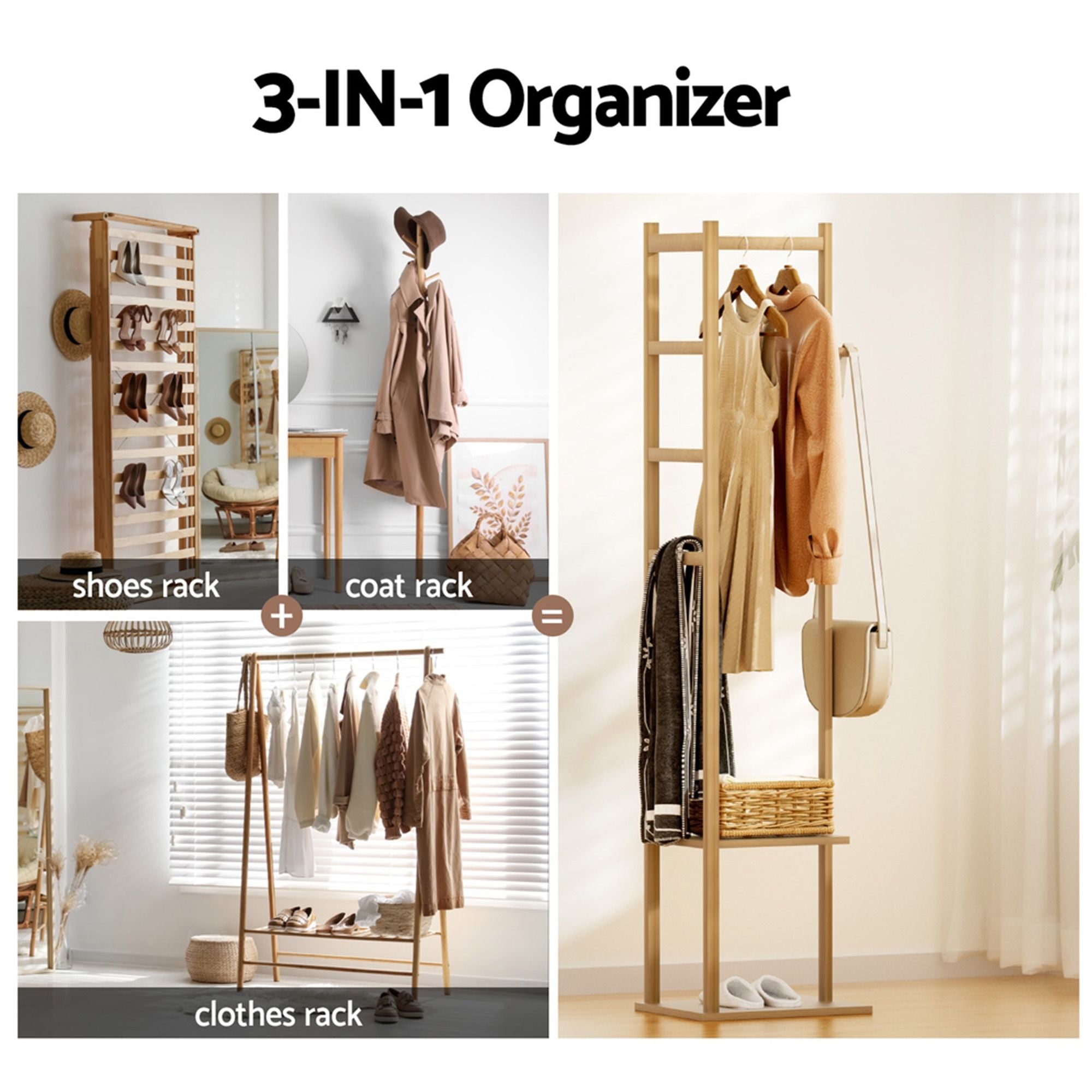 Shoe Rack Cabinet & Bamboo Clothes Rack Set - White Pine