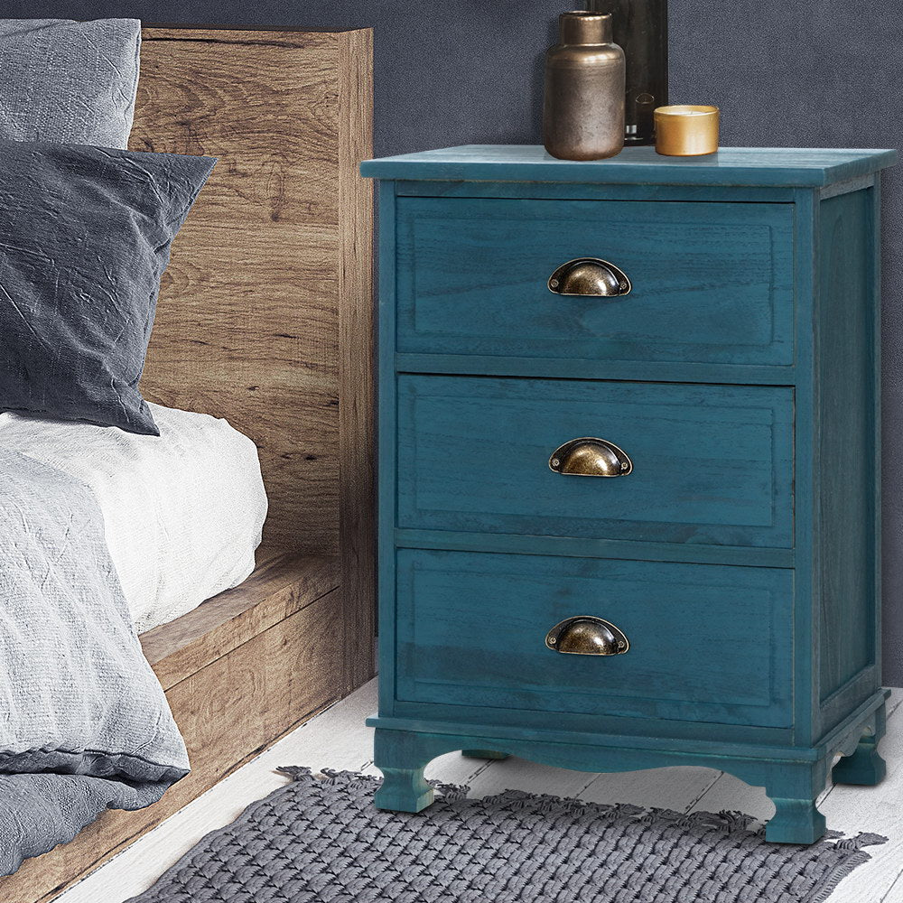 3 Drawers Bedside Table Vintage -  Blue