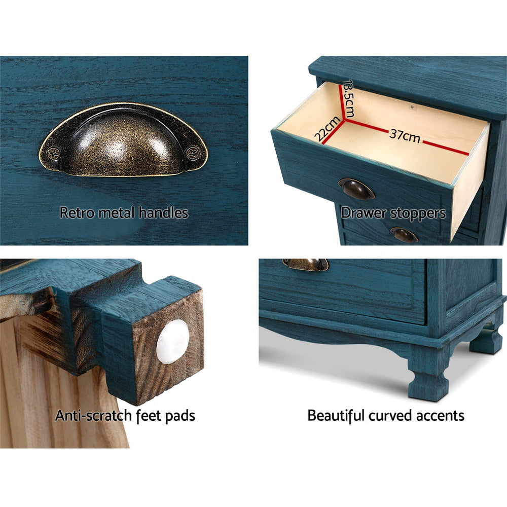 3 Drawers Bedside Table Vintage -  Blue