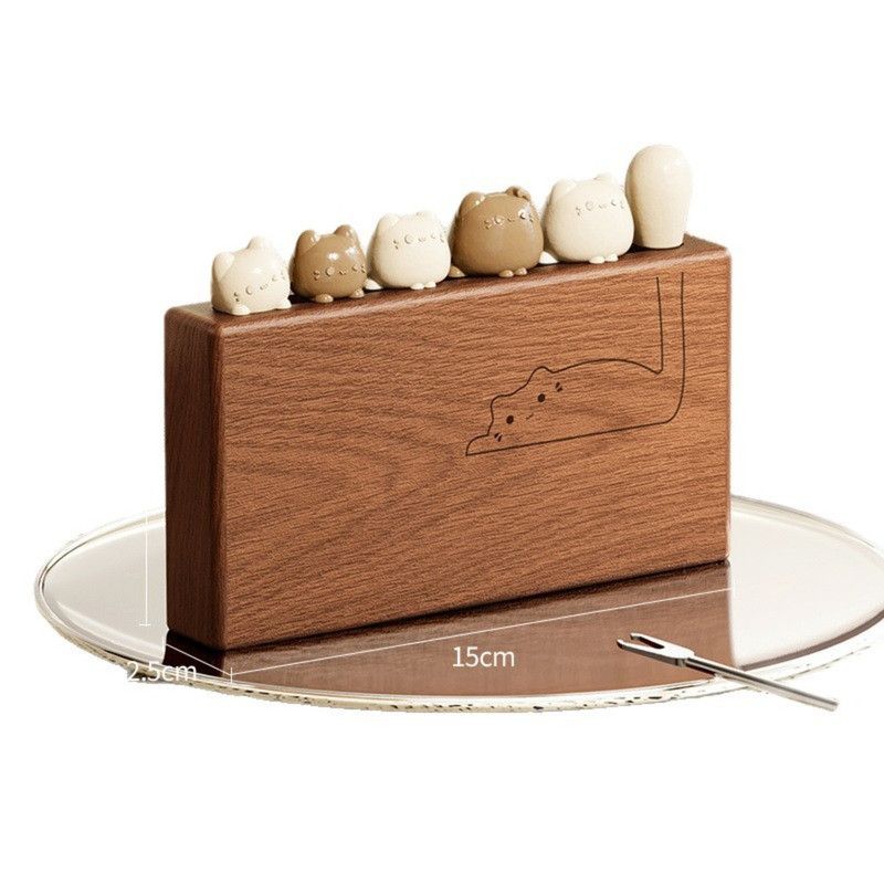 Cat Fruit Fork Set with Solid Wood Storage Base - White