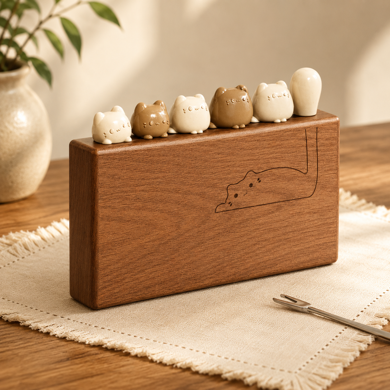 Cat Fruit Fork Set with Solid Wood Storage Base - White