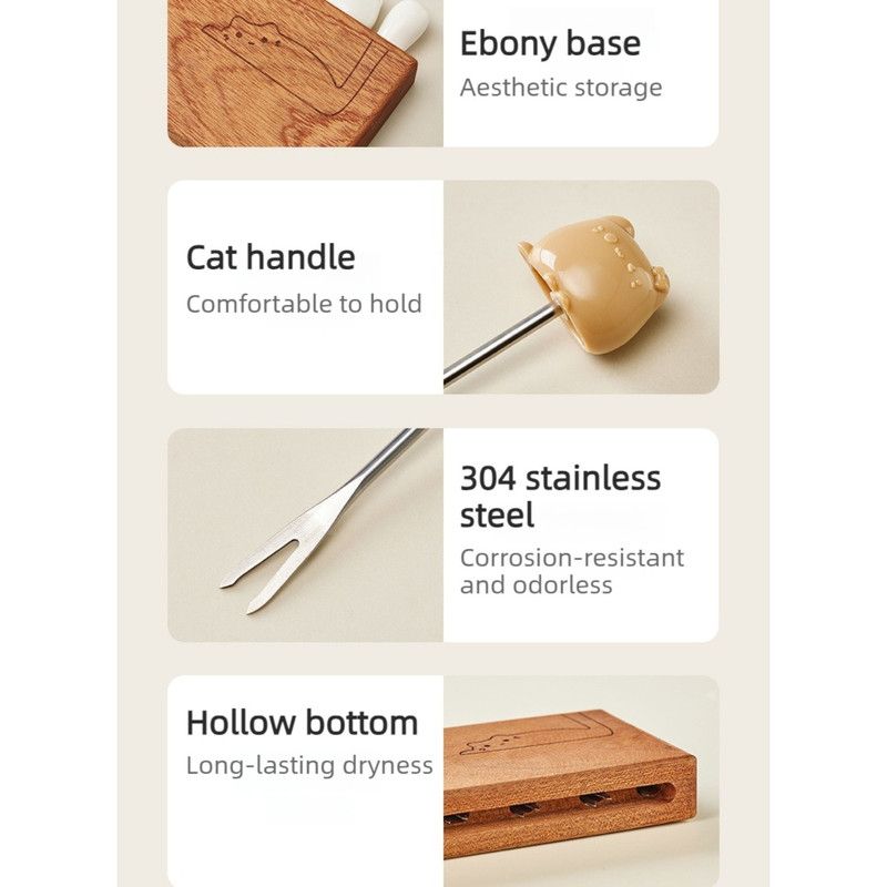 Cat Fruit Fork Set with Solid Wood Storage Base - White