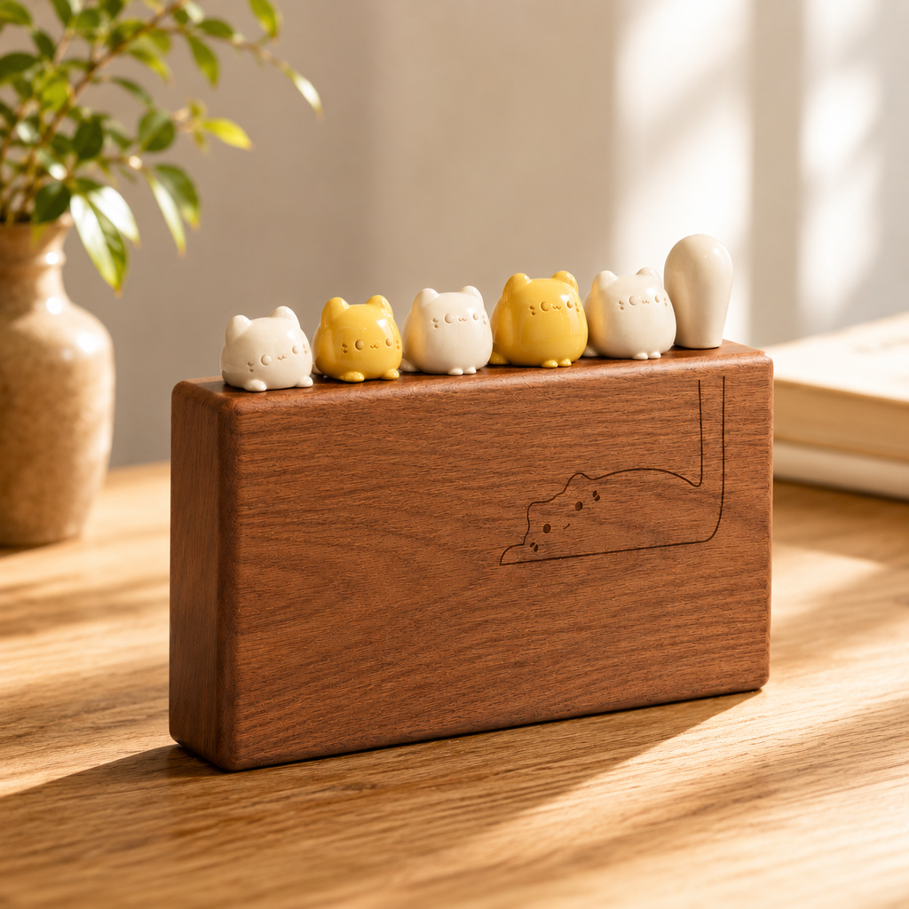 Cat Fruit Fork Set with Solid Wood Storage Base - Yellow