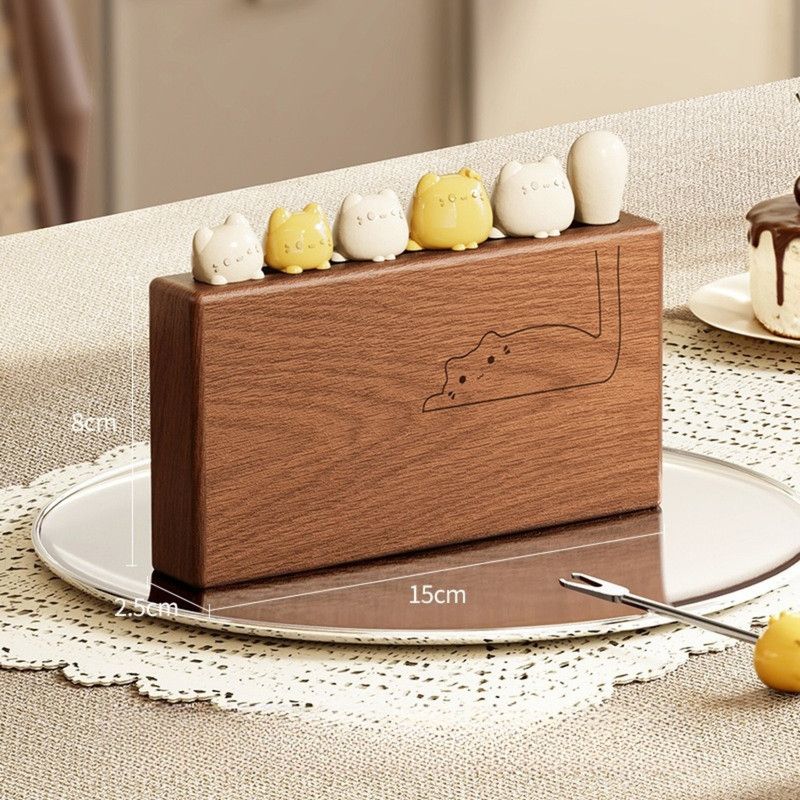 Cat Fruit Fork Set with Solid Wood Storage Base - Yellow