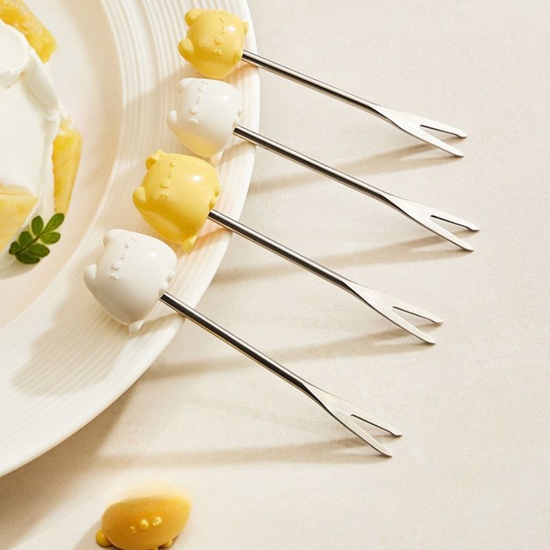 Cat Fruit Fork Set with Solid Wood Storage Base - Yellow