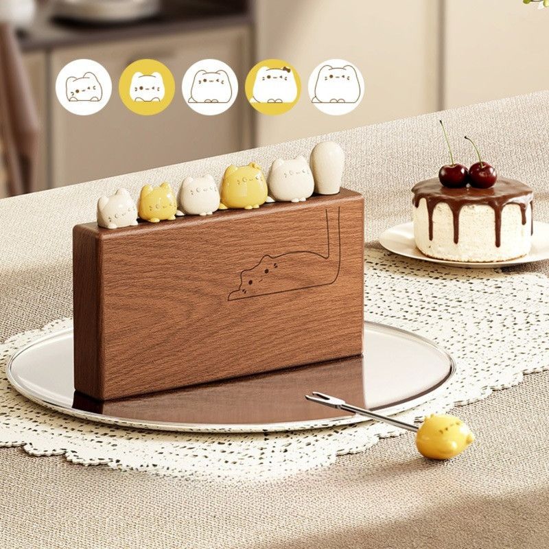 Cat Fruit Fork Set with Solid Wood Storage Base - Yellow