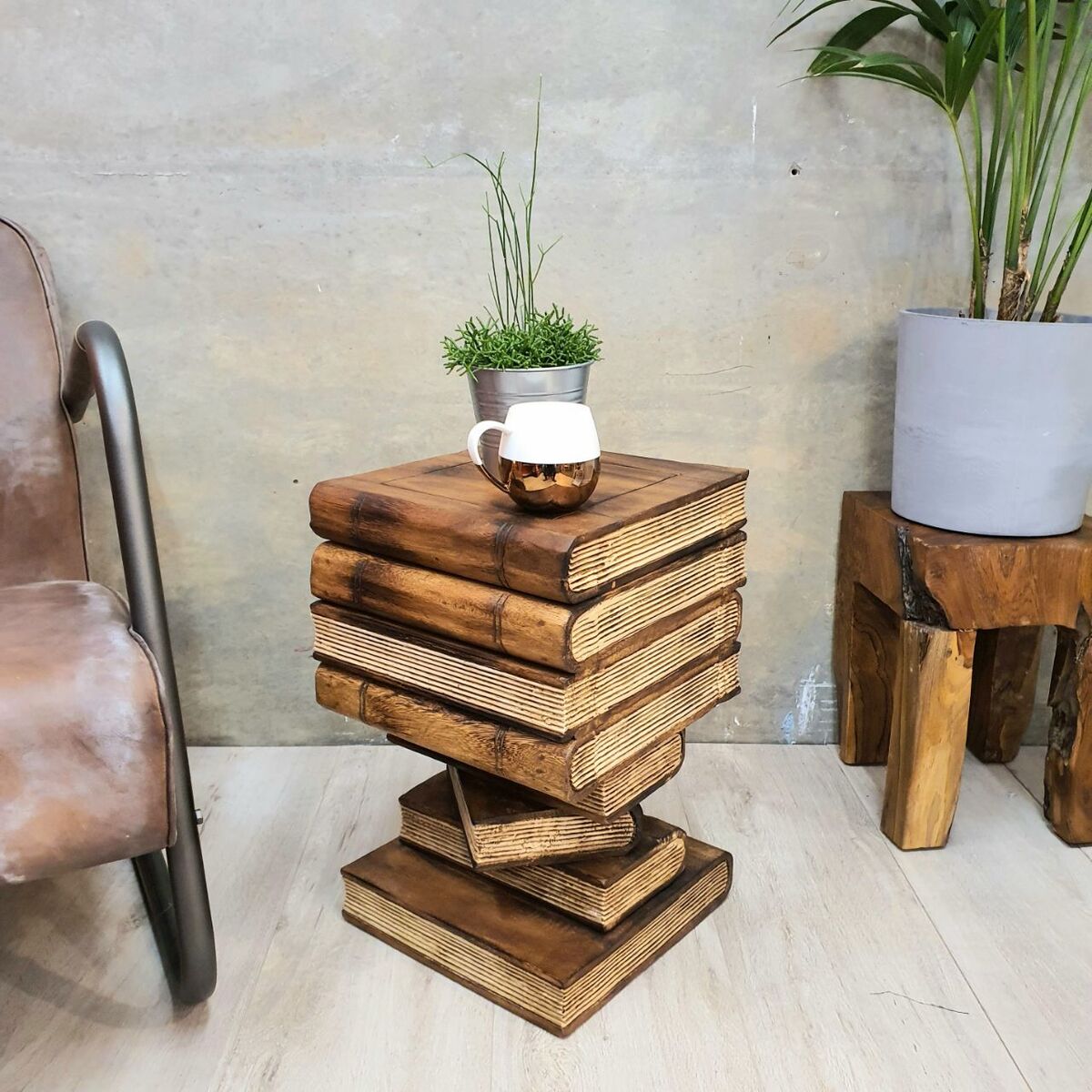Wooden Book Stack Side Table