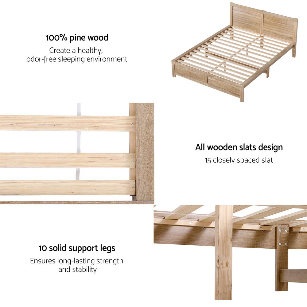 Wooden Bed Frame Double Size - Pine wood - Oak